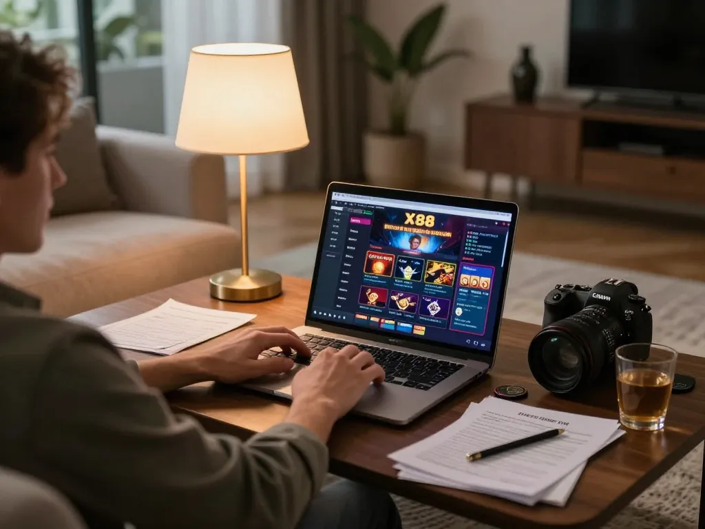 X88 online casino gaming setup showing player engaged on laptop with ambient lighting
