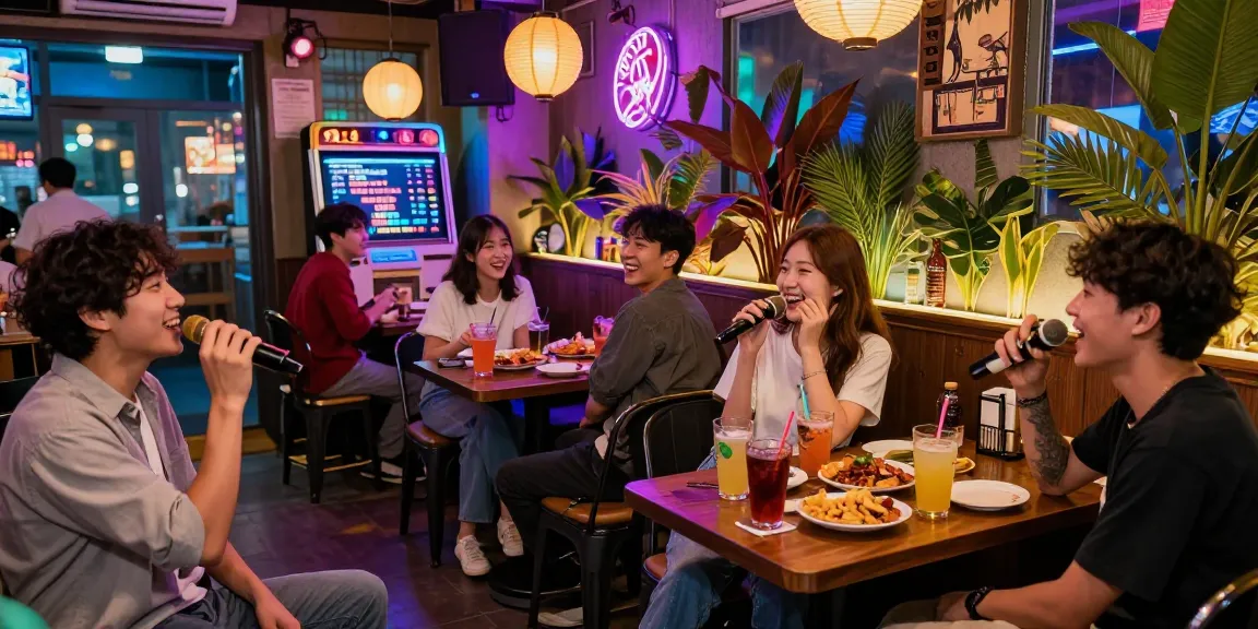 Engaging 제주유흥 nightlife scene with friends enjoying karaoke at a lively Jeju bar, vibrant lights and atmosphere.