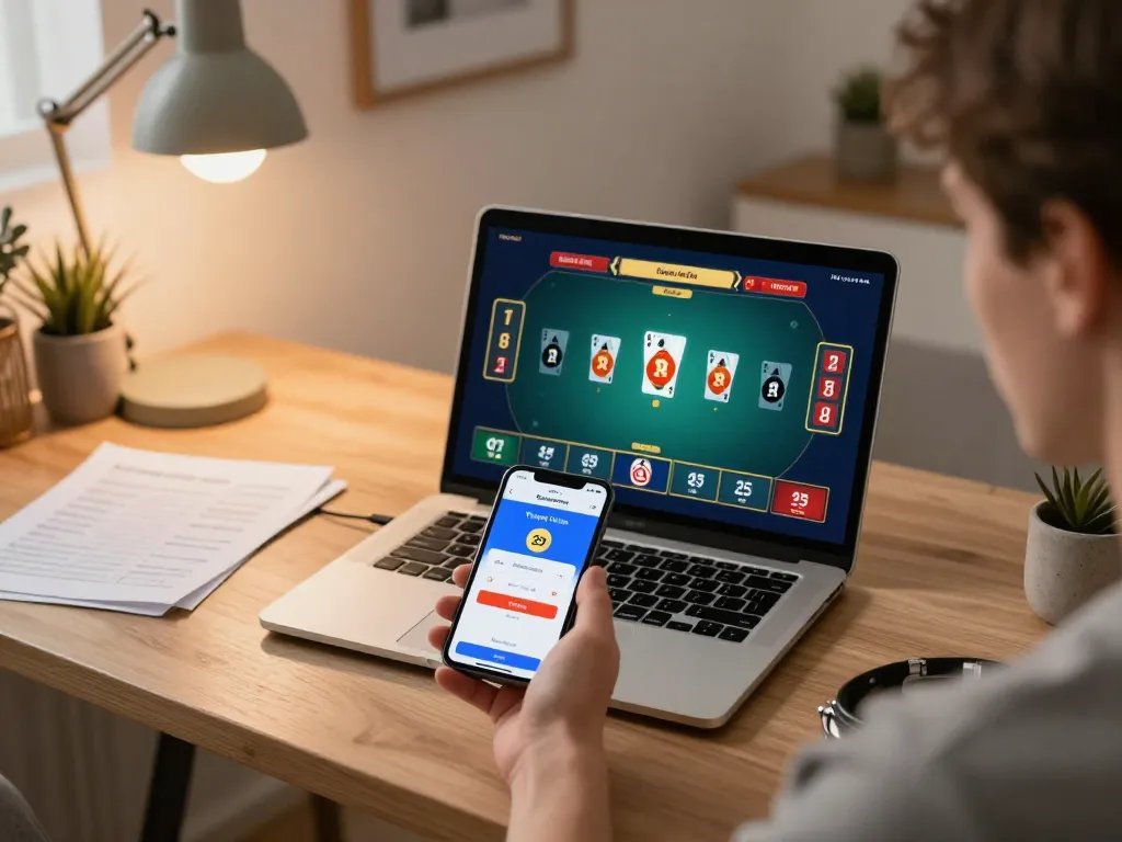 Engaging in online poker strategy with depo 25 bonus 25 showcased on device in a stylish home office