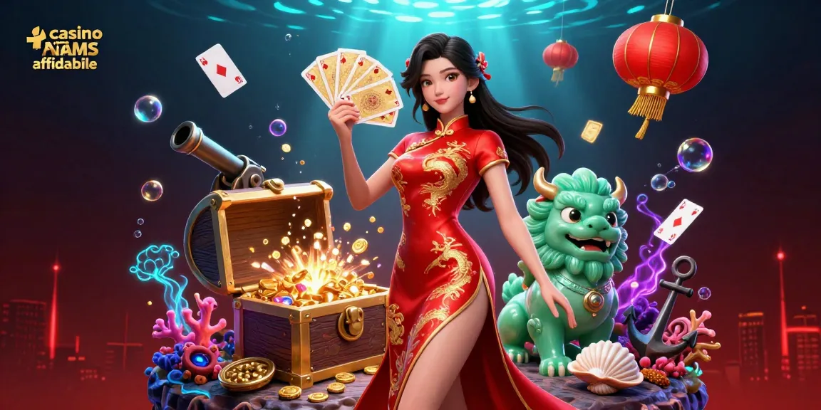 Scena coinvolgente di un casinò non AAMS affidabile che mostra una donna in qipao con elementi giocosi.