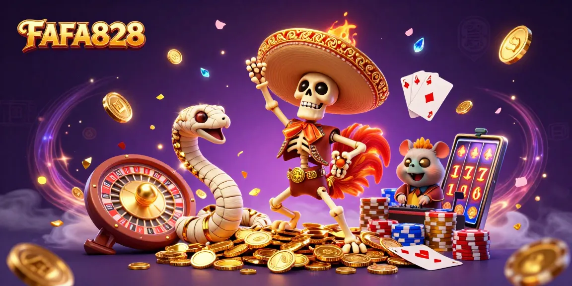 FAFA828 brings excitement with a mariachi rooster dancing on coins surrounded by golden casino elements.
