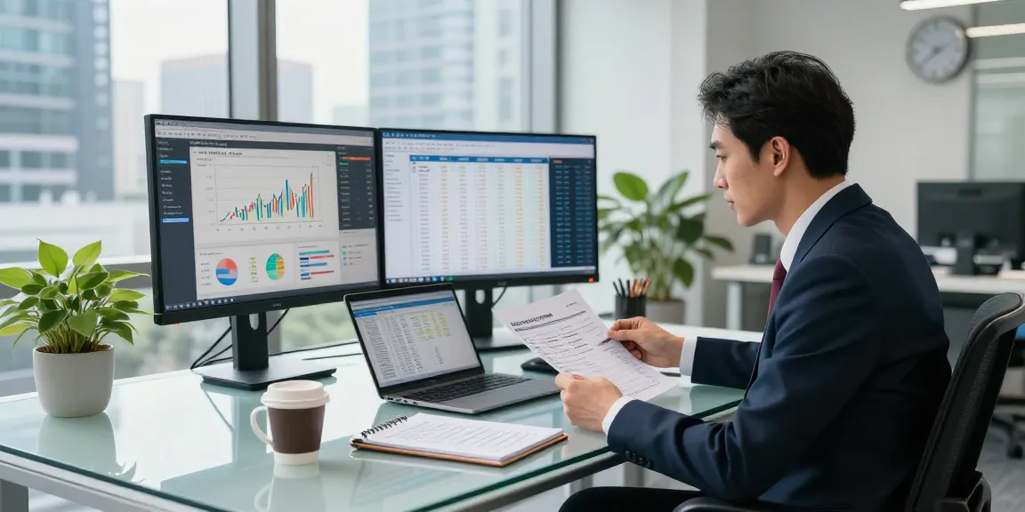 Asset tracing report analysis in a modern office setting with a financial analyst reviewing data.