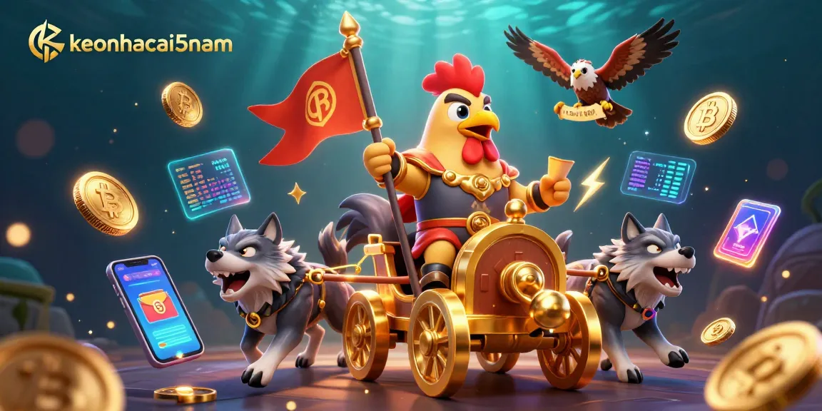 Engage with keonhacai5nam in a vibrant 3D scene showing a rooster warlord and digital gambling elements.