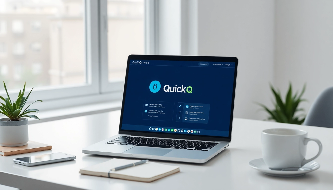 在现代数字化工作环境中展示的 QuickQ VPN 界面，强调安全性与效率。