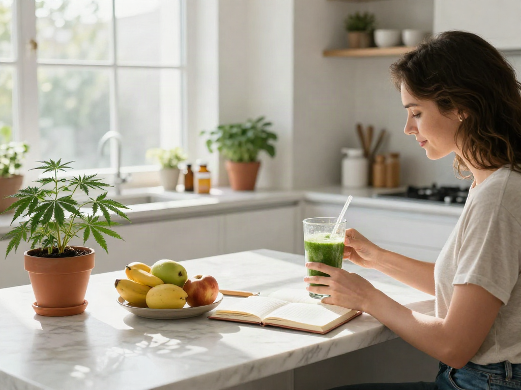 Online dispensary that ships to all states featuring a woman preparing CBD oil smoothie, promoting natural wellness