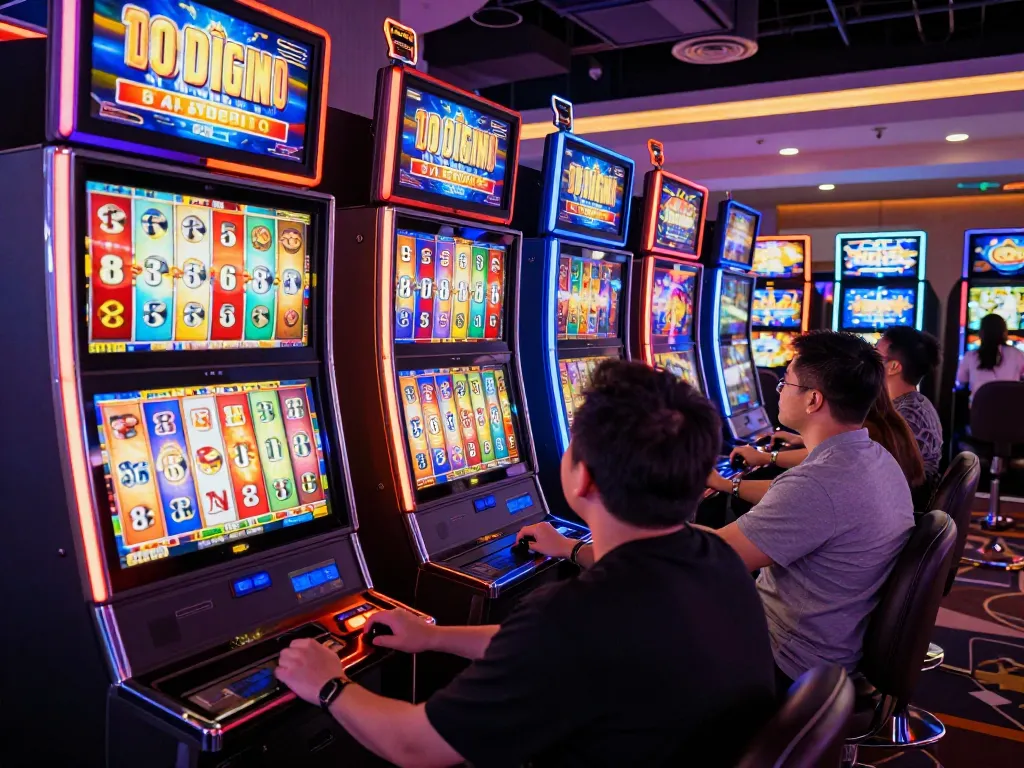 Engaged players enjoying slot 10rb gameplay at colorful casino slot machines with vibrant lights