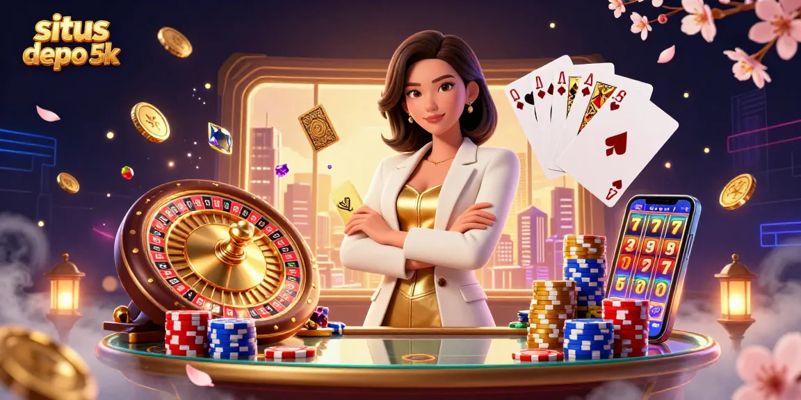 Sparkle and win at situs depo 5k with a powerful Asian businesswoman, golden cards and dramatic casino elements.