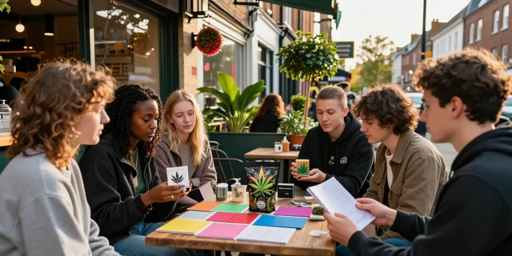 Friends discussing cannabis culture and products while enjoying coffee in Luton, highlighting buy weed in luton lifestyle.