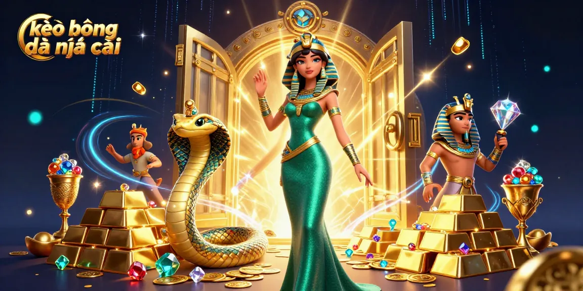Bet on kèo bóng đá nhà cái featuring a glamorous woman and golden cobra amidst treasures.