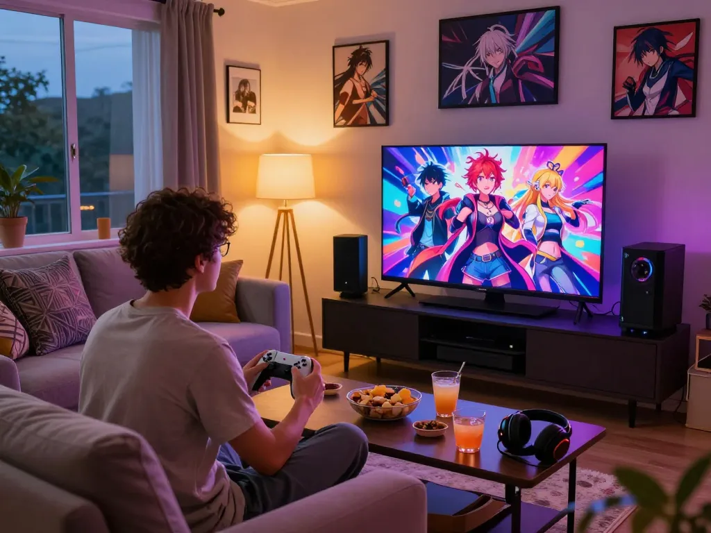 Engaging living room gaming setup showcasing a player enjoying online sex games with vibrant visuals and cozy atmosphere.