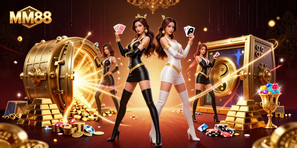 Experience the thrill of MM88 as twin Asian women showcase their poker skills amidst a burst of casino glamour.