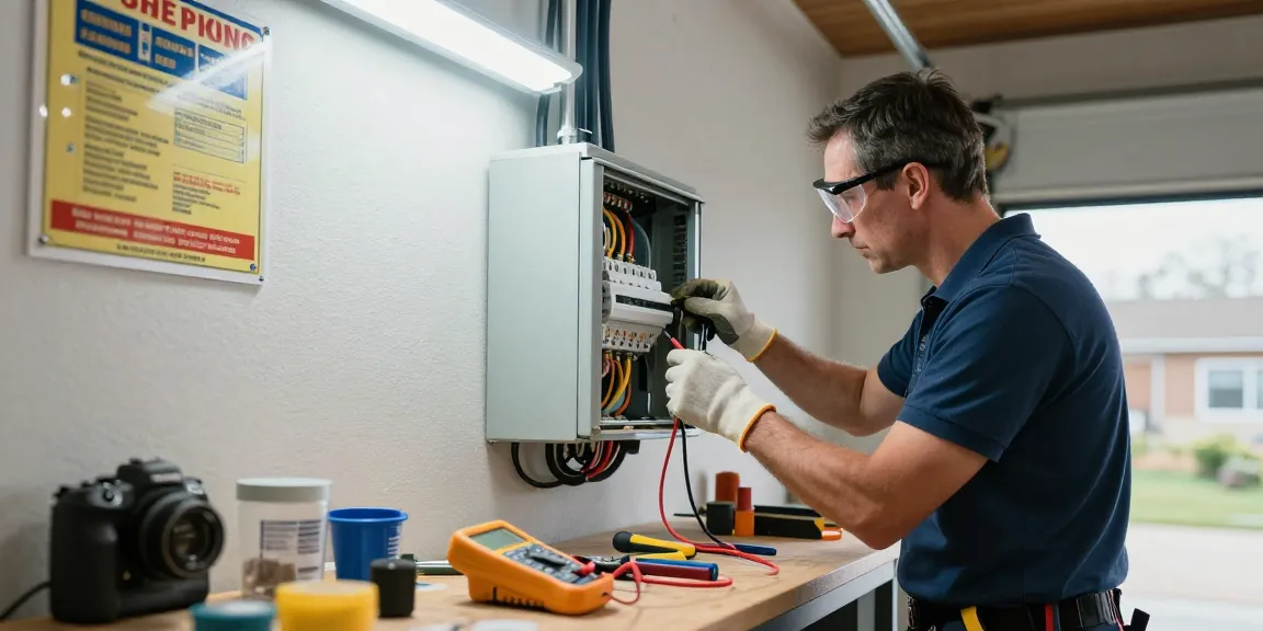 24 hour electrician repairing a residential electrical panel surrounded by tools in a well-lit garage.