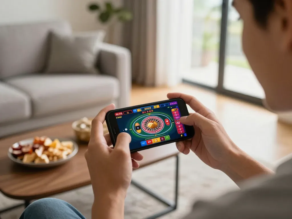 Player engaging with live casino games on smartphone at home, exploring rikvip gaming options.