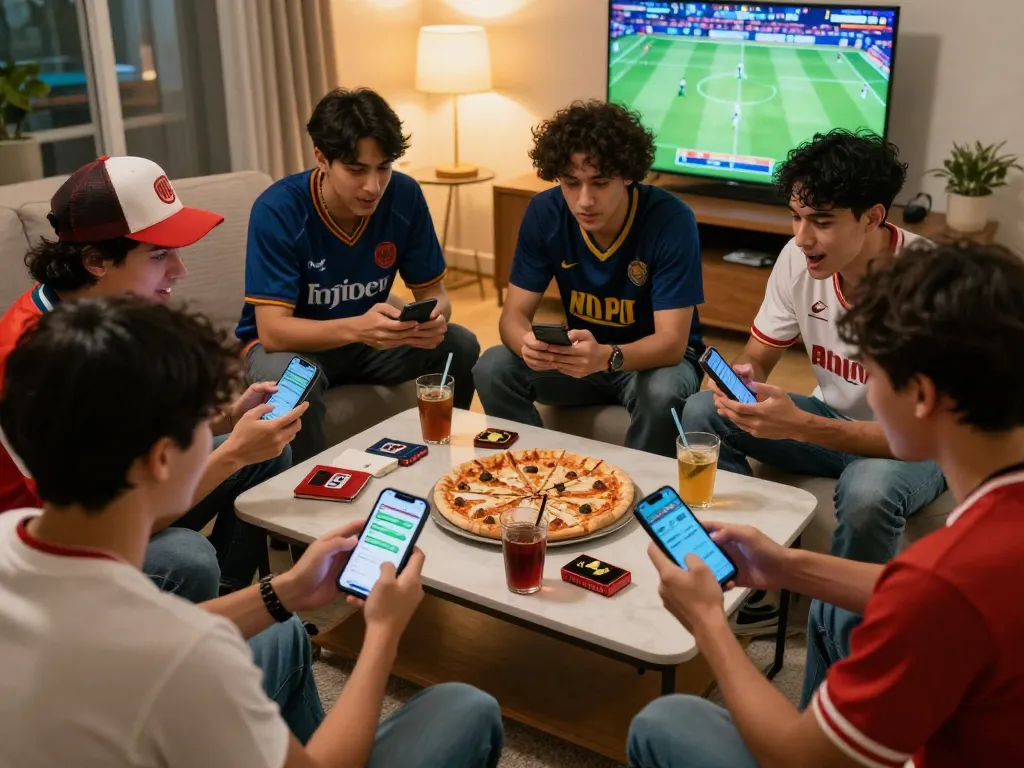 Friends actively discussing kèo nhà cái hôm nay while checking betting apps during a sports event.