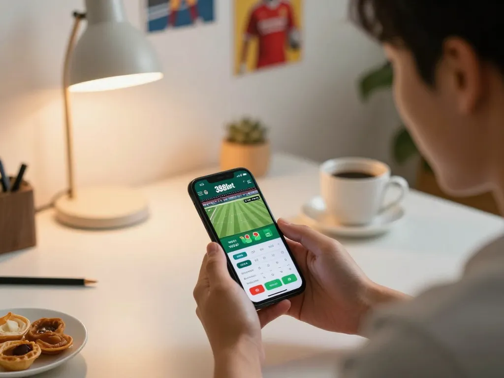 Person betting on sports using the 388bet app on their smartphone in a cozy home setting.