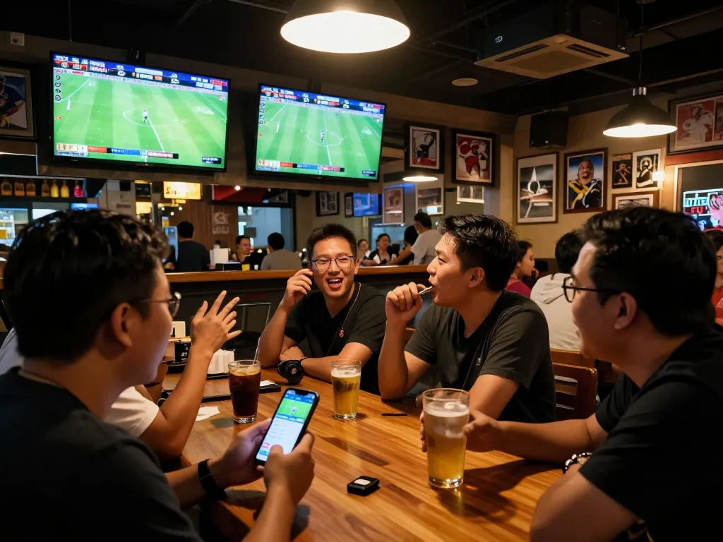 Patrons engaging in sports betting activities while monitoring keo nha cai on smartphones in a lively sports bar