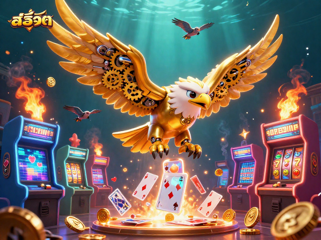 Experience thrilling สล็อต action as a cybernetic golden eagle dives through dazzling holographic cards.