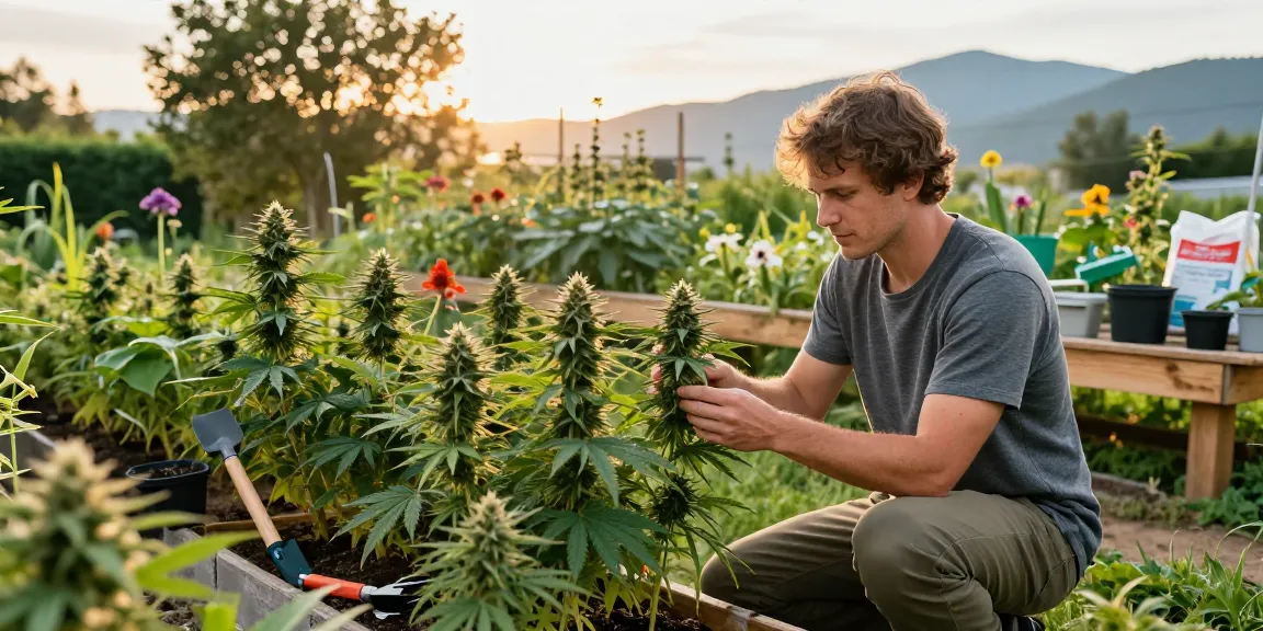Grower inspecting CBD seeds in a lush outdoor garden filled with plants and sunlight.