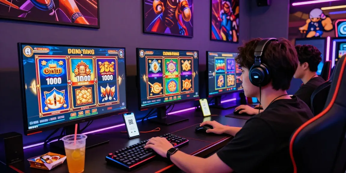 Intense gaming setup with player engaging in slot depo 1000 games, vibrant visuals, and QRIS payment option.