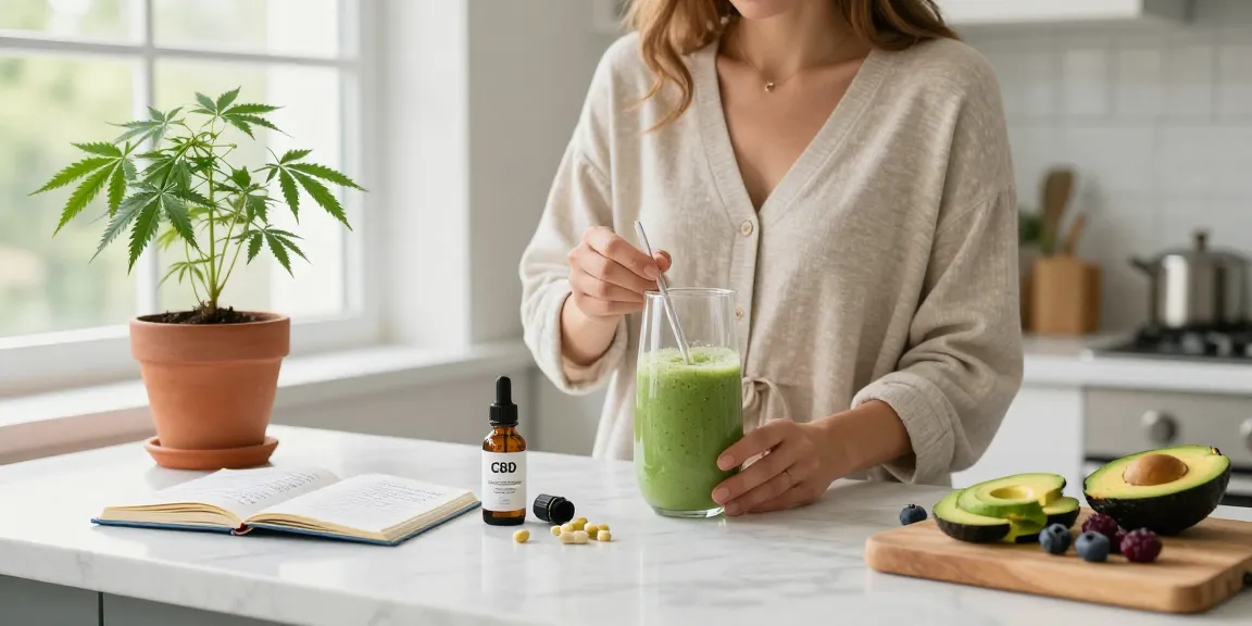 Cali weed UK: A woman enjoying CBD oil in a bright kitchen with fresh ingredients and a wellness atmosphere.