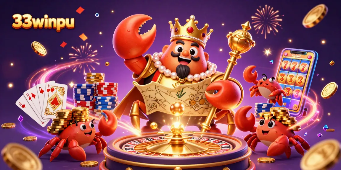 Engage in gaming with 33winpu's golden crab emperor surrounded by dynamic casino elements.