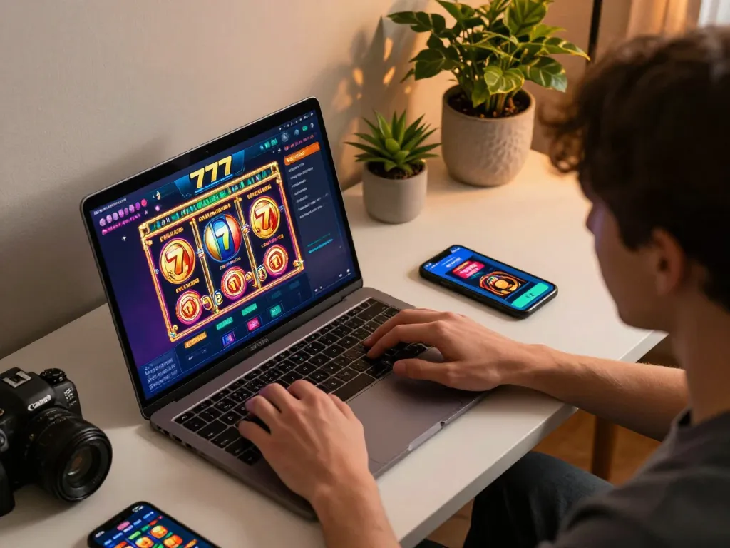 Engaging with slot777 gaming interface on laptop in cozy home setup for responsible gambling.