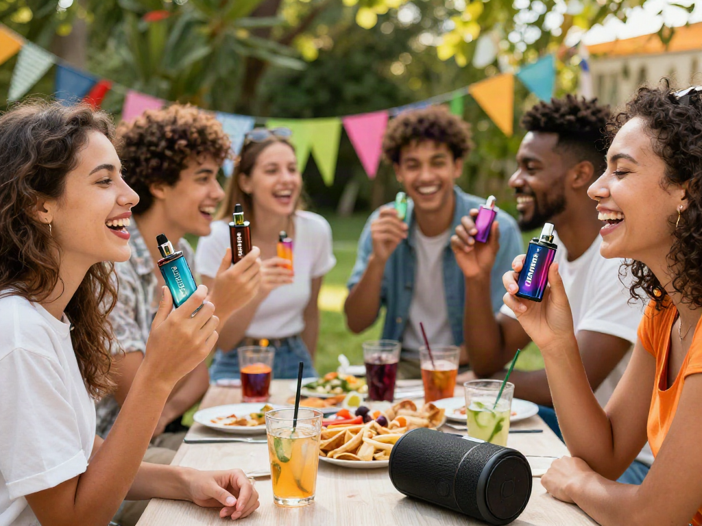 Group of friends enjoying Hitz infinity Gen 7 vapes at an outdoor gathering.