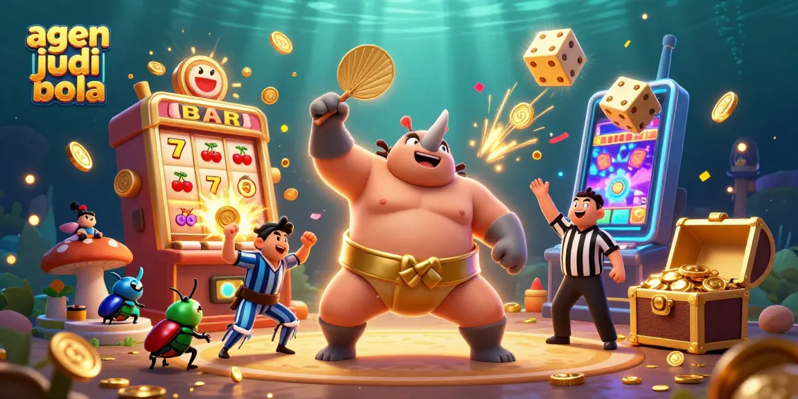 Experience excitement at agen judi bola with a dynamic scene of a beetle sumo champion and thrilling casino elements.