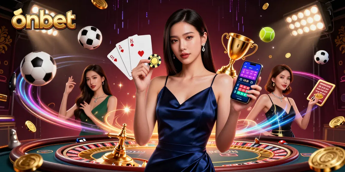 Bet smart with ONBET: standout Asian woman holding golden chip and showing casino app