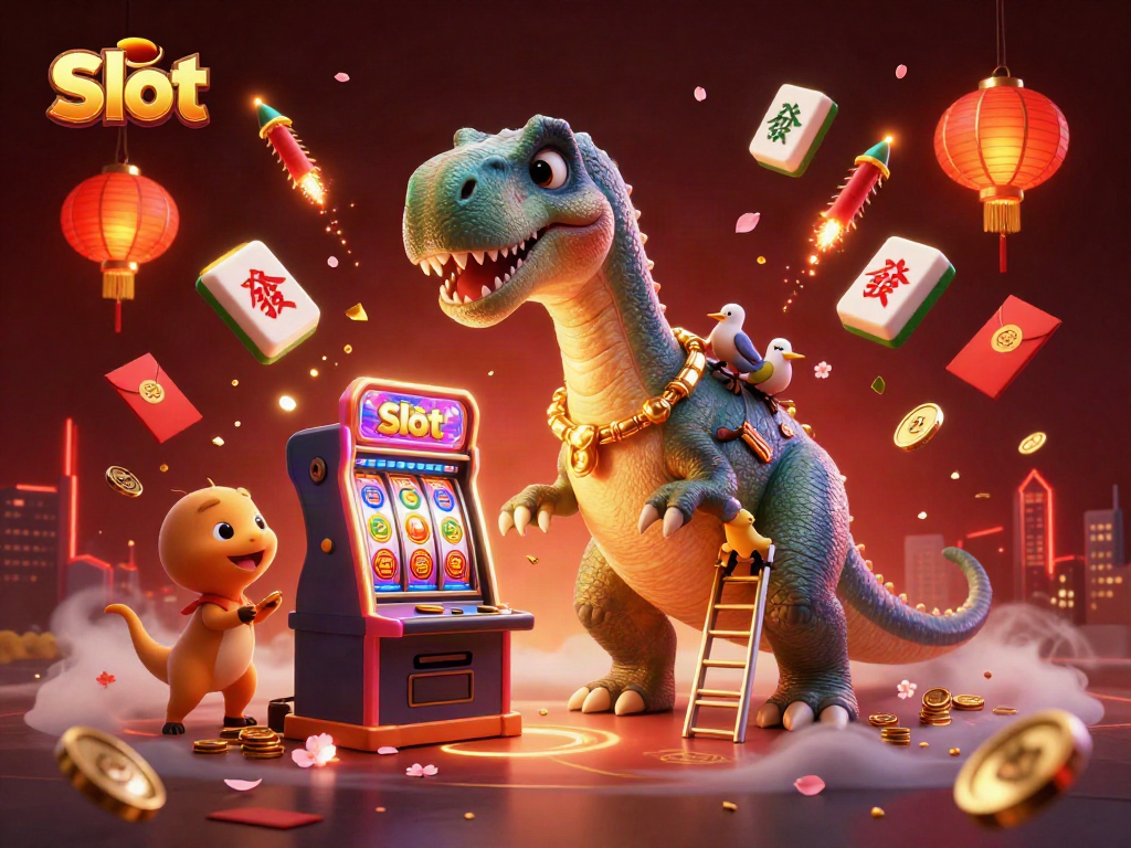 Experience thrilling slot action with a playful brontosaurus and raptor in a unique casino scene.