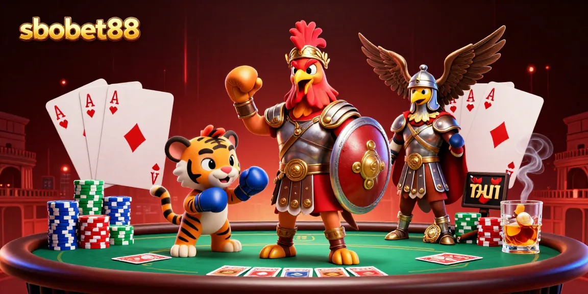 Experience sbobet88 betting excitement with a dynamic casino scene featuring a gladiator rooster and poker elements.