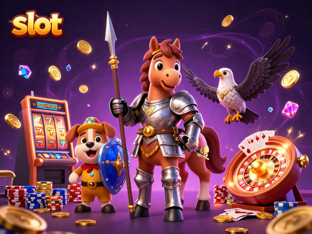 Engage in exciting slot gameplay with vibrant characters, sparkling gems, and dynamic casino elements.