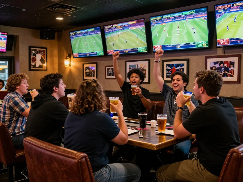 Excited bettors analyzing keonhacai odds at a sports betting bar, showcasing the excitement of game day.