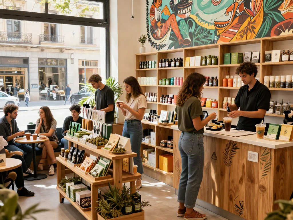 Experience Barcelona Weed Online with stylish young adults browsing cannabis products in a vibrant shop.