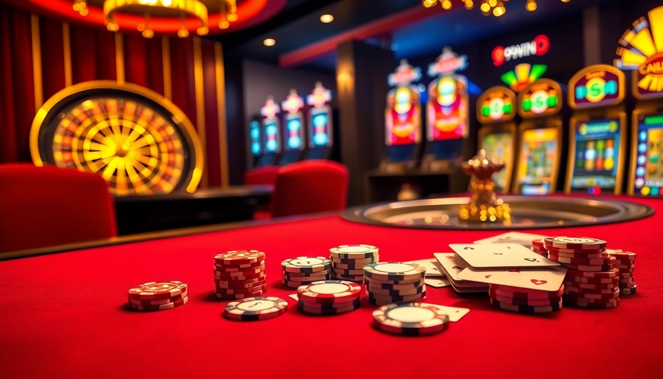 Experience the thrill of gambling at 99win with an elegant casino table and vibrant slot machines.