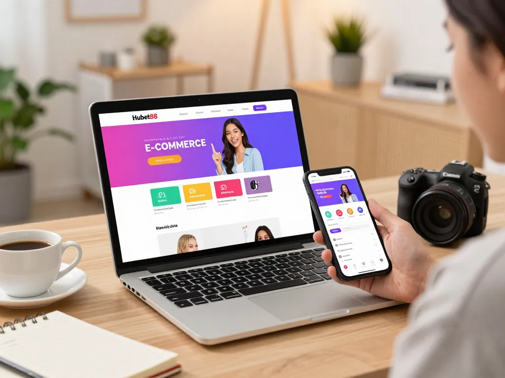 Online shopping at Hubet88, showing products and promotions in a vibrant home setting.