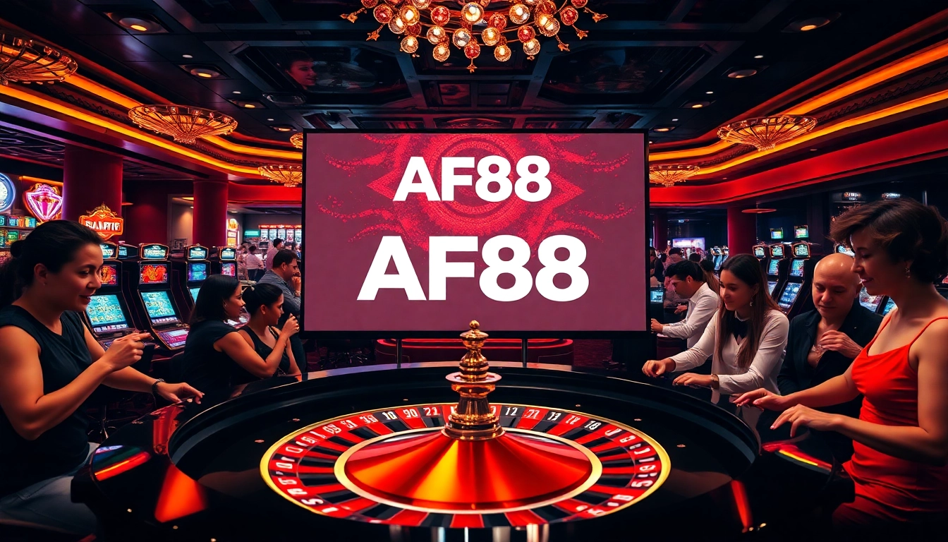 Players immersing in an exciting casino experience with AF88 branding in the background.