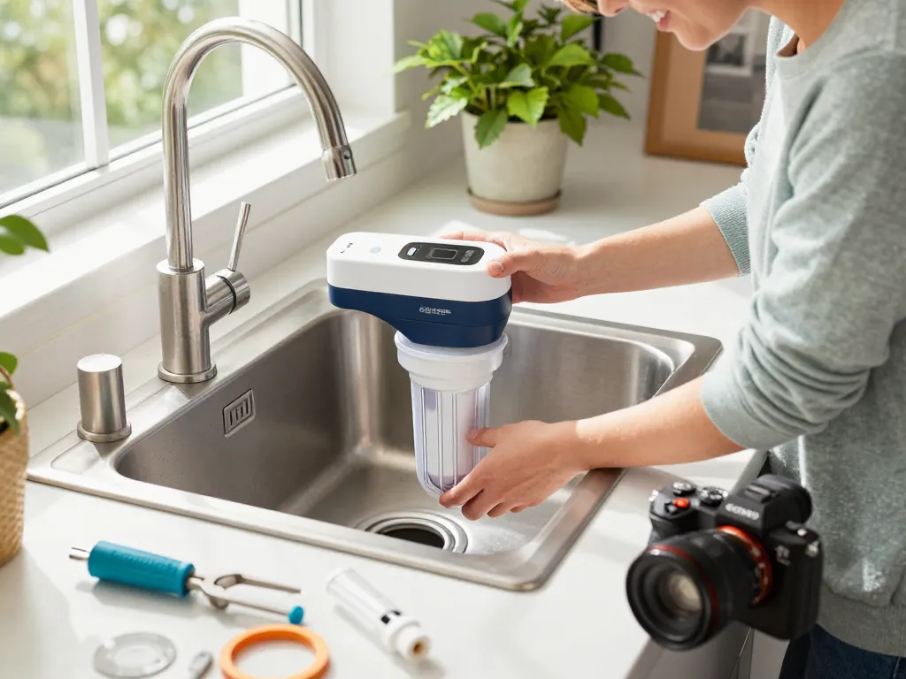 AQUA CREST GXRTQR Inline Water Filter installation in a bright kitchen, tools scattered around.