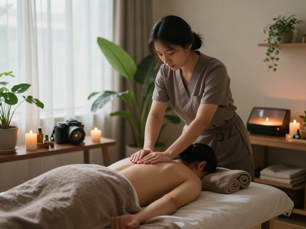Expert therapist providing 마포출장마사지 in a serene wellness environment with calming decor and soft lighting.