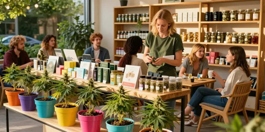 Cannabis dispensary in Wiesbaden: friendly staff assisting customers in a vibrant outdoor setting