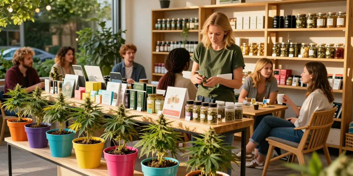 Cannabis dispensary in Wiesbaden: friendly staff assisting customers in a vibrant outdoor setting