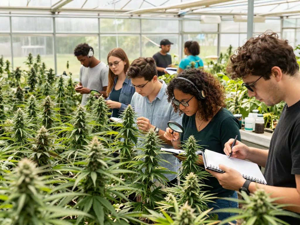 Engaging scene of individuals examining cannabis seeds and genetics in a greenhouse.
