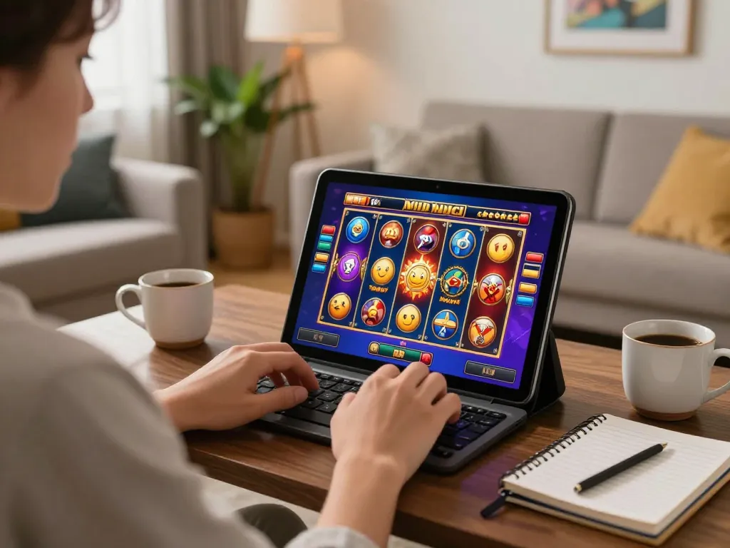 Engaging scene of a player enjoying situs slot bet 200 on a tablet in a cozy home environment, featuring vibrant slot game interface.