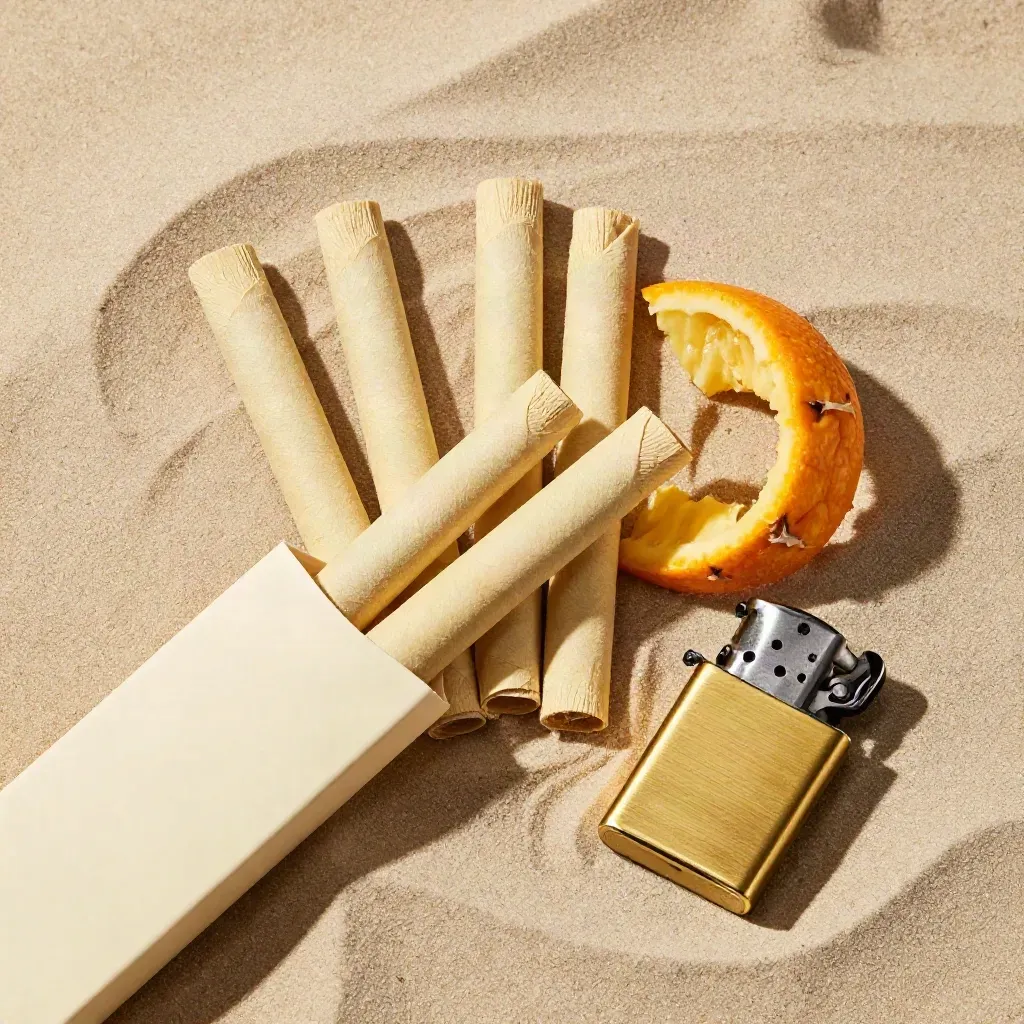 Overhead flatlay of five pre-rolls, citrus peel, and a brass lighter on cream paper.