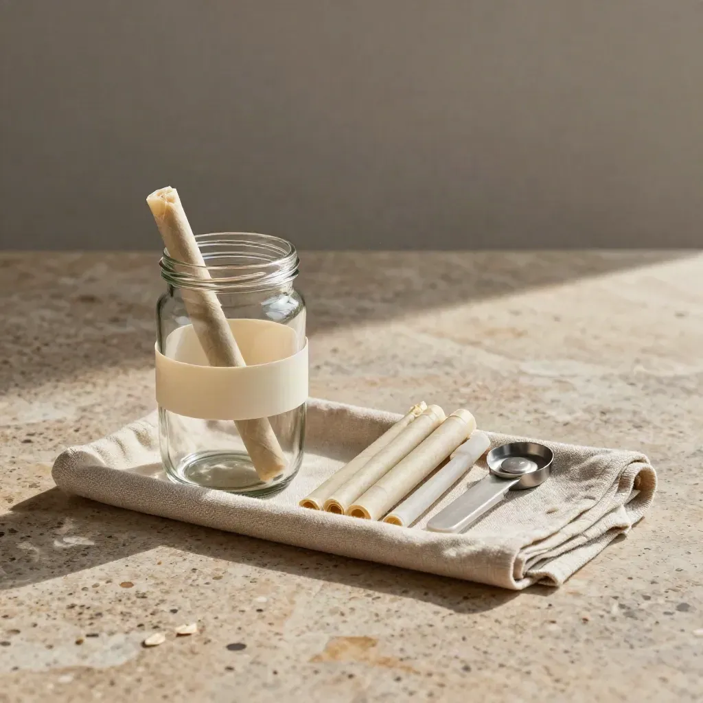 Flower starter bundle with jar, pre-roll pack, and stash tools on travertine in soft daylight.