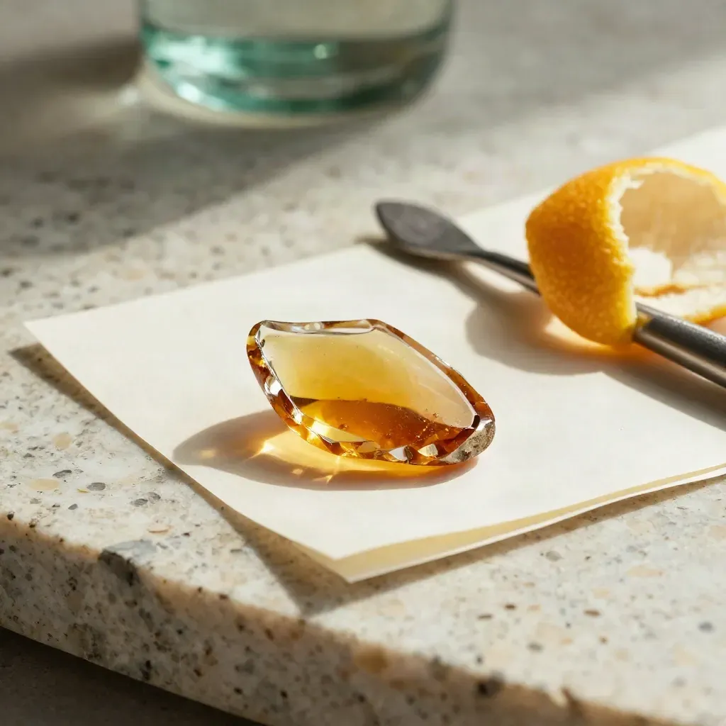 Amber cannabis shatter on parchment with a dab tool and citrus peel on travertine.