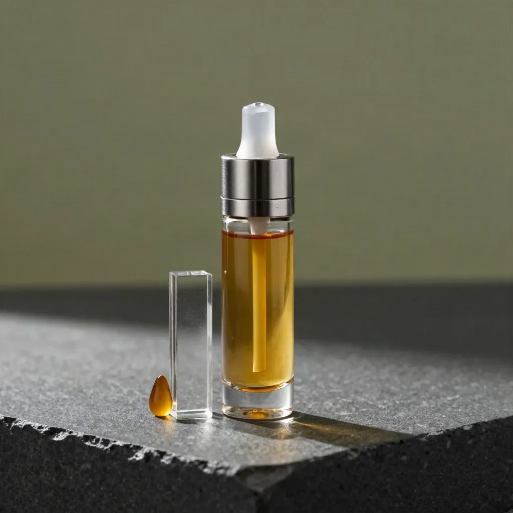 Upright mango ice vape cart beside clear acrylic riser and amber resin drop on a dark studio surface.