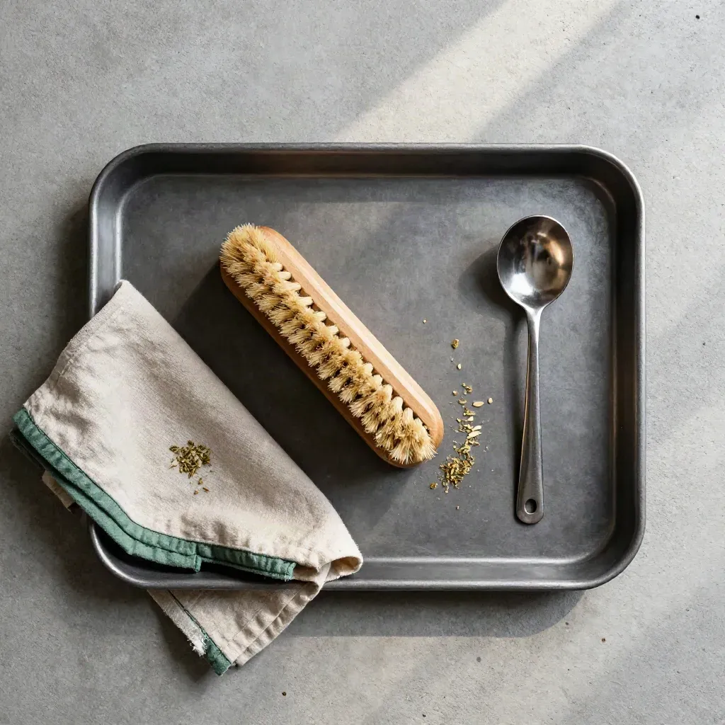 Overhead rolling tray set on concrete with brush, scoop, and herb flecks on green cloth.