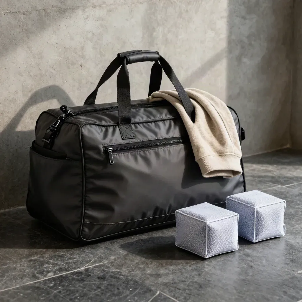 Charcoal smell-proof duffel bag with hoodie and packing cubes on a stone floor.