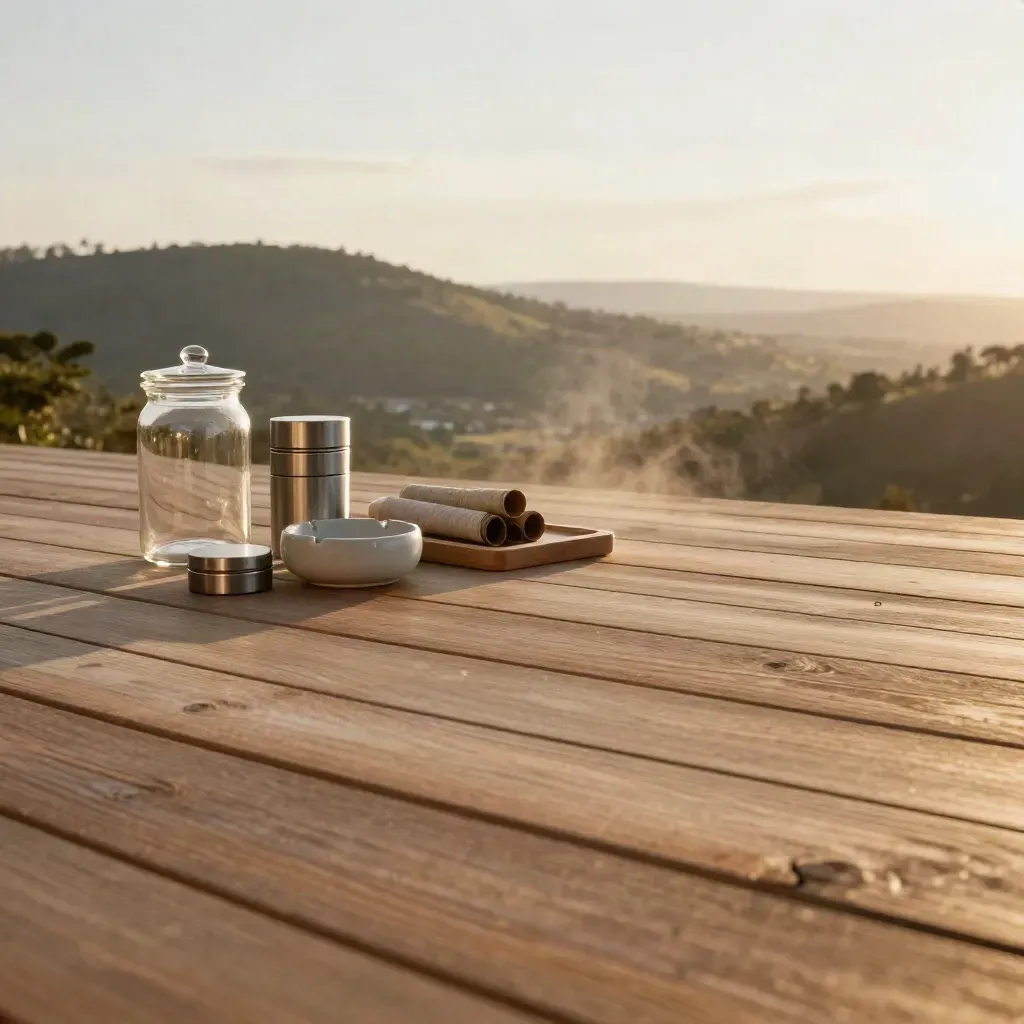 Cedar terrace with cannabis accessories and a glowing hillside at golden hour.